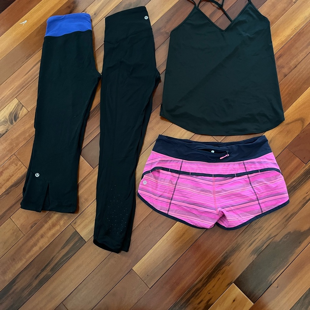 EUC Lululemon lot of 4 crop pant, leggings, tank, and shorts. Perfect for gym